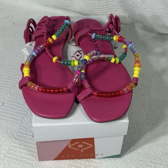 Katy Perry Womens The Cubie Bead Pink Flat Sandal Colorful Lace Up‎ Size 7.5 - Picture 2 of 5